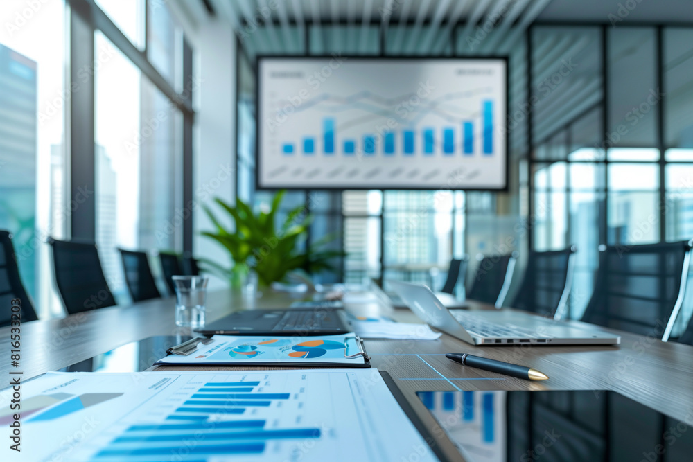 Poster a conference room with a large screen displaying graphs and charts. the room is furnished with black