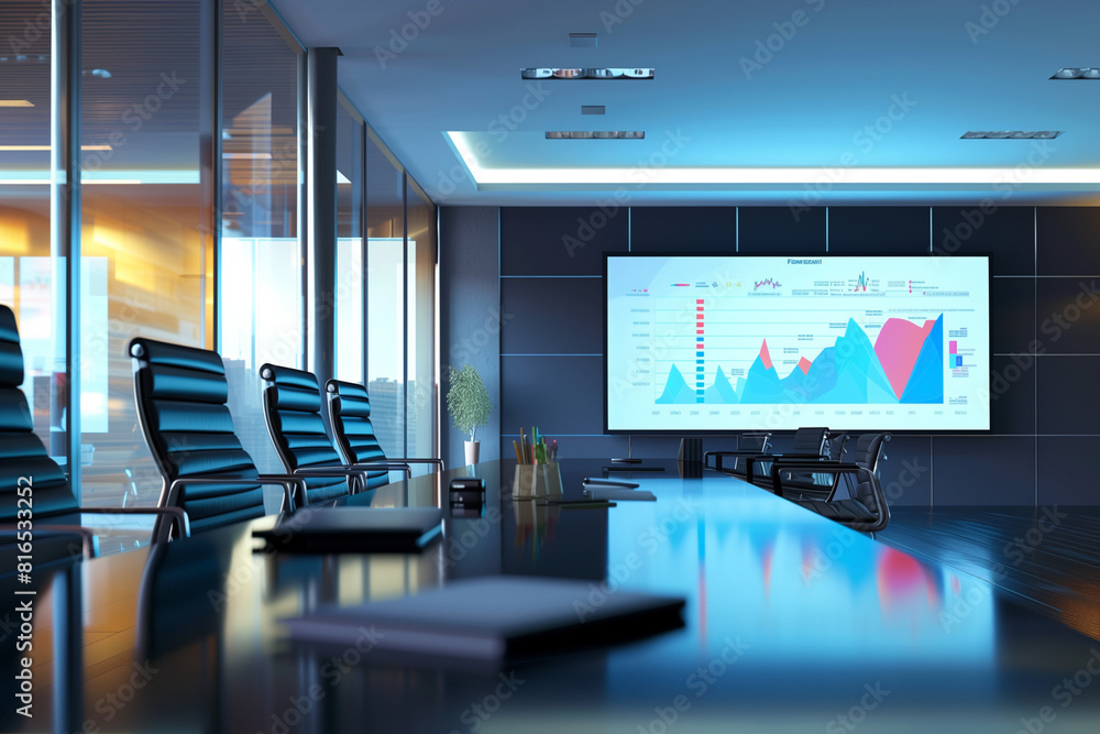 Poster a conference room with a large screen displaying graphs and charts. the room is furnished with black