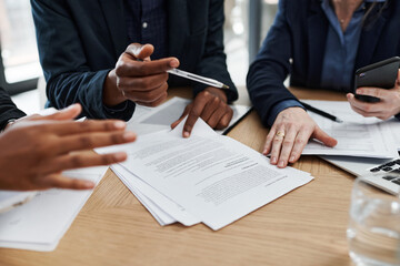 Business, hands and paperwork in table at office with documents for teamwork, collaboration and...