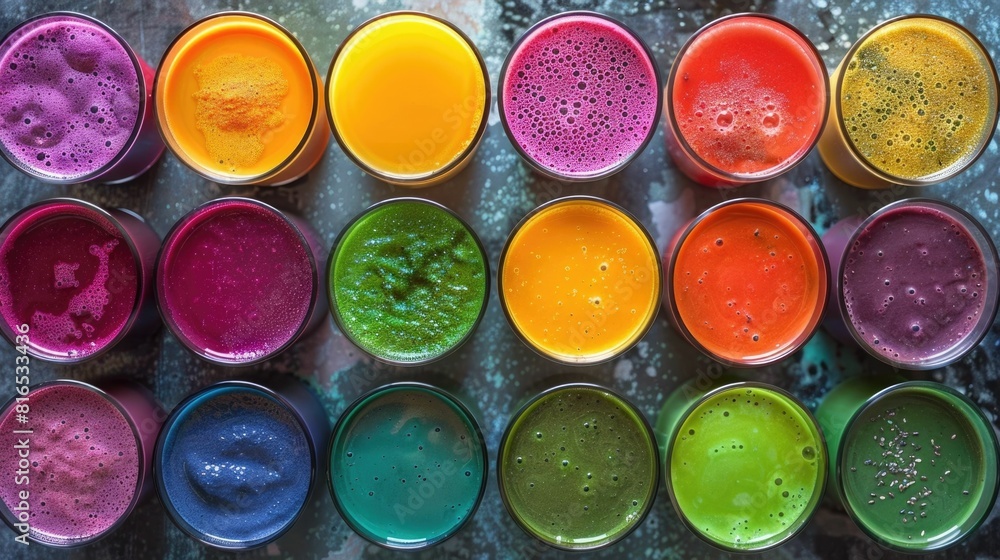Poster vibrant array of nutritious smoothies in various colors representing different fruit and vegetable b