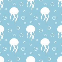  Seamless pattern with white jellyfish and bubbles isolated on light blue background. Bubbles vary in size and are scattered throughout the space.