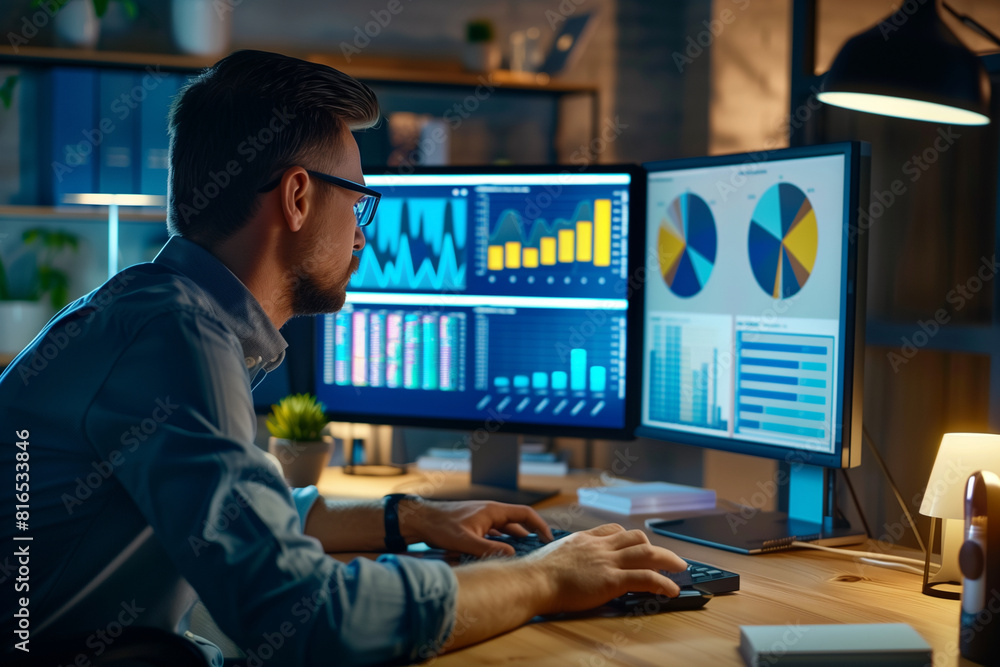 Poster a man is sitting in front of a computer monitor, looking at graphs and charts. he is wearing glasses