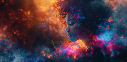 A Woman Focused on Her Laptop, Her Hair Blending into a Surreal Burst of Cosmic Colors and Lights