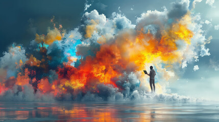 Obraz premium A Man Stands with His Laptop, Enveloped by a Massive, Vibrant Digital Cloud in a Surreal Landscape