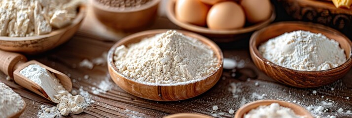Assortment of alternative gluten free flours and baking ingredients on a rustic kitchen table for allergy friendly cooking and pastry