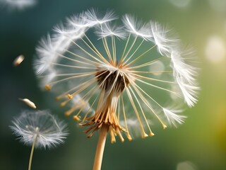 Fototapeta premium dandelion seeds on a green background generative Ai 
