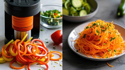 Spiralized Vegetable Noodles Freshly Prepared in a Kitchen Setting with Spiralizer in Action