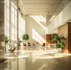 Fototapeta premium interior of hall lobby,modernism style,bright white,partially wood tone,plantimg,matte-textured floor,wide view,soft lighting