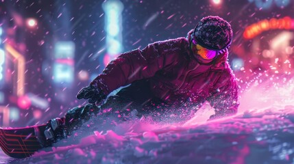 Capture the exhilarating essence of snowboarding from a worms-eye view perspective Highlight the snow spray, dynamic motion, and frozen landscape in a vibrant digital artwork
