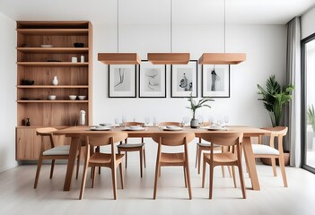 A contemporary dining room interior with wooden elements, A white background, design furniture, and illustrating a modern home concept