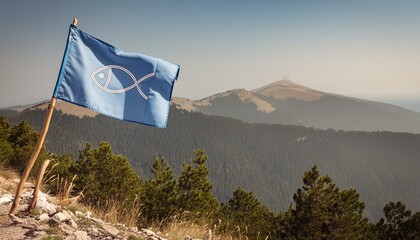 Ichthys, The Symbol Of Christianity. Christian Fish on Flag, the Symbol of First Church.  © Daniel