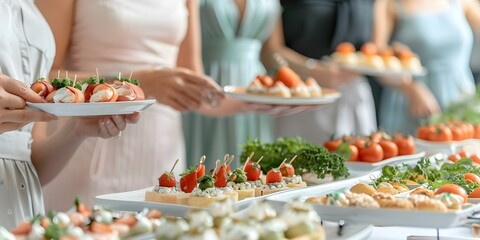 Friends gathering for a brunch buffet with canapes at an event. Concept Socializing, Food Buffet, Event Planning, Canapes, Friends Gathering