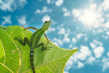 leaf with a lizard on it photographed from below against the sunny sky