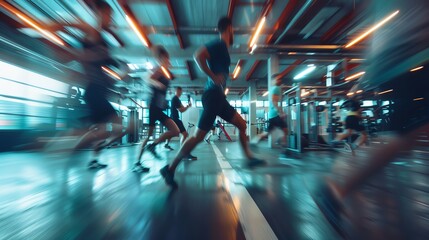 A group of people are running on treadmills in a gym. The image is blurry and in motion.