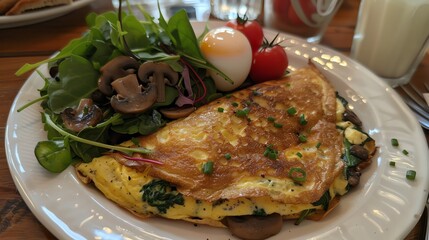A delicious and healthy breakfast of an omelet with spinach, mushrooms, and tomatoes, served with a side of salad and toast.