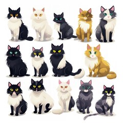 Fototapeta premium Collection of cat illustrations on a white background.