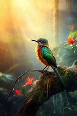 Fototapeta premium Colorful bird paradise with highly detailed features, set against a dramatic ray-lit and misty background