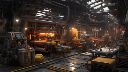 Interior of a factory workshop showcasing industrial machines in operation.