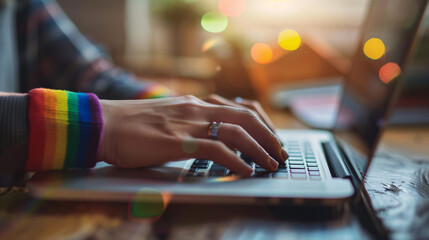 An employee wearing a rainbow wristband while typing on a laptop, symbolizing personal and professional pride