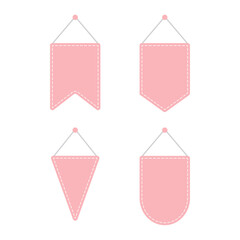 Set of blank pastel pink with white stitch-edged hanging sign. Flat vector illustration.	