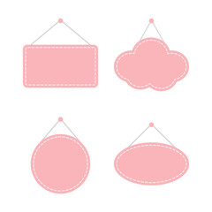 Set of blank pastel pink with white stitch-edged hanging sign. Flat vector illustration.	