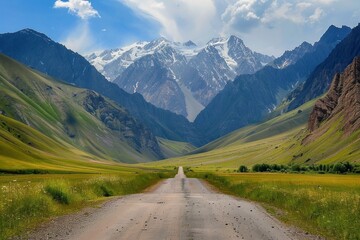 Beautiful empty country road to mountains. AI generative
