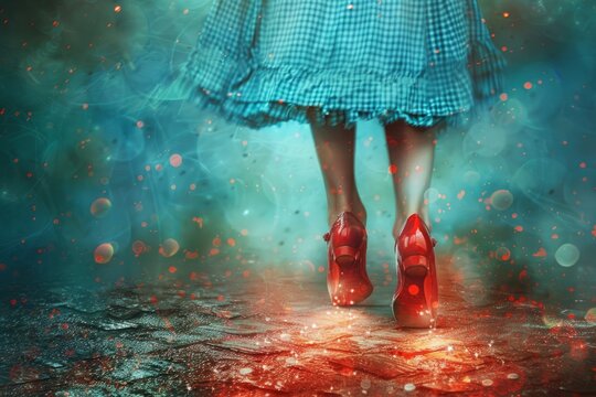 the magical power of Dorothy's ruby slippers as she clicks her heels together and wishes to go home to Kansas.