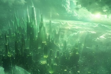 Obraz premium Marvel at the breathtaking beauty of the Emerald City, with its sparkling green towers and shimmering spires rising high into the sky. 