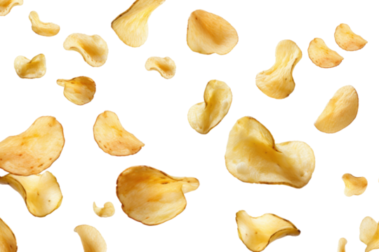 The Crispy Cascade: A Magnificent Mound of Golden Potato Chips on White or PNG Transparent Background.