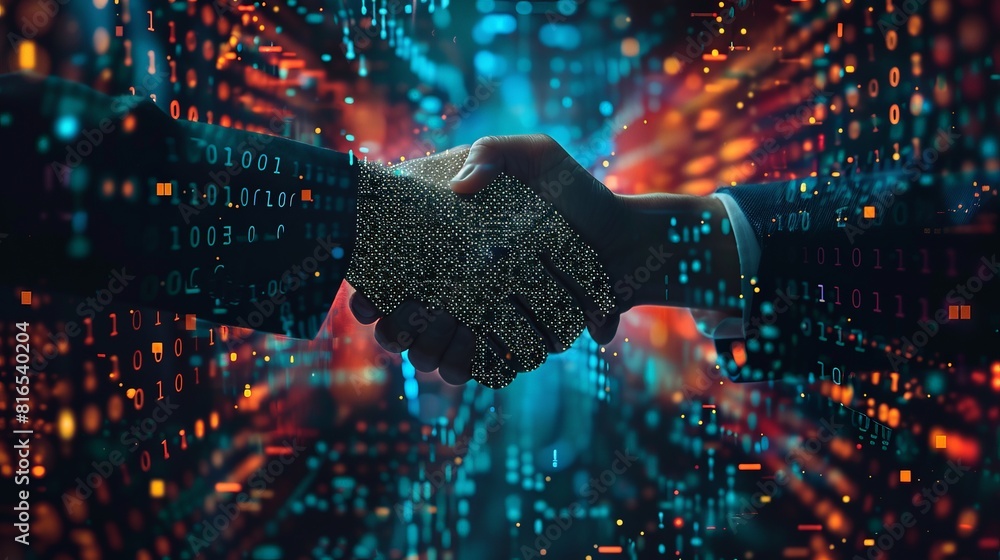 Poster a close-up shot of two engineers shaking hands with binary code overlay, symbolizing blockchain tech