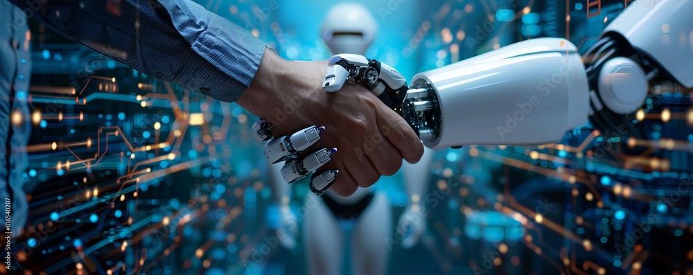 Poster an image showing a handshake between a human hand and a robotic hand, representing the integration o