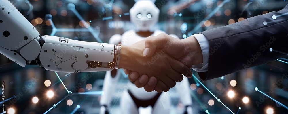 Poster a futuristic robot and an engineer shaking hands with blockchain technology, binary code, and circui