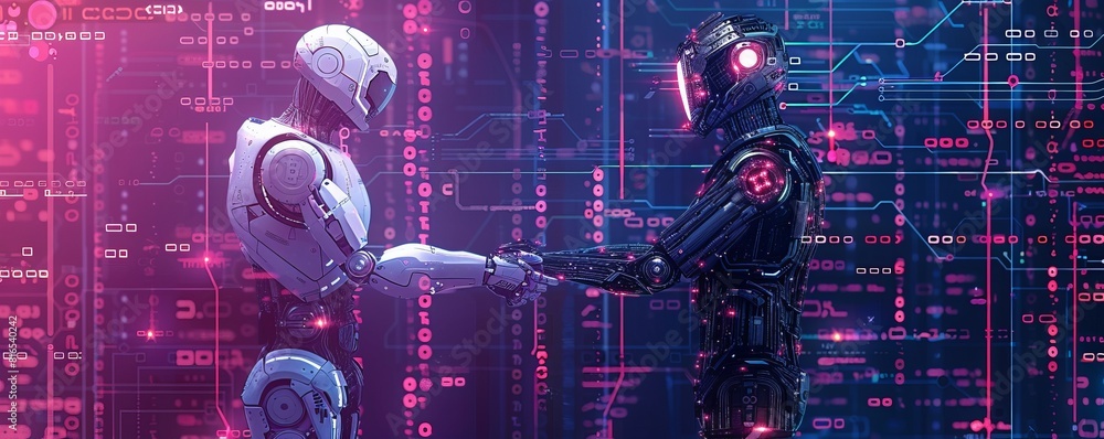 Poster a futuristic robot and an engineer shaking hands with blockchain technology, binary code, and circui