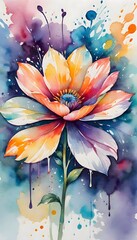 Evocative abstract flower with multicolored petals, surrounded by dynamic splashes of paint, set against a background of blended hues, creating a lively and energetic visual, Generative AI.