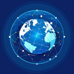 Abstract digital globe spinning with connectivity lines. Global network and communication concept. Low poly wireframe vector illustration on technological blue background.