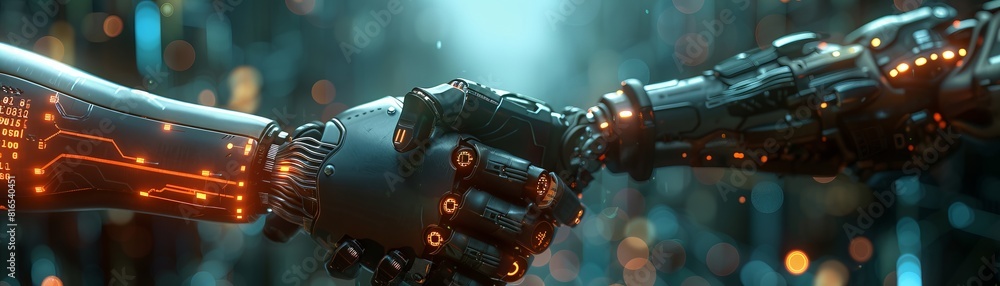 Poster robot handshake with human engineer, surrounded by binary code, blockchain circuits, and data wires 