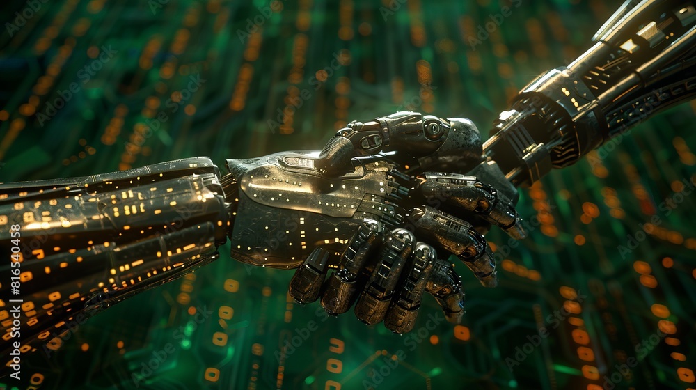 Poster robotic hand reaching out for a human handshake, with binary code and circuit boards in the backgrou