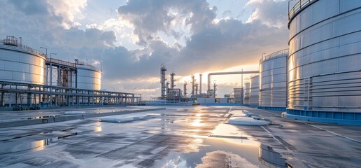 The gas storage facility is located in the industrial park, surrounded by large steel tanks and columns with Asian-inspired features.