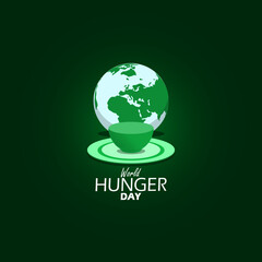 World Hunger Day event banner. Illustration of the Earth standing still in front of an empty bowl and plate on dark green background to commemorate on May 28th