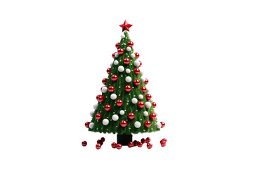 Fototapeta premium Festive Christmas tree with red ornaments and star topper, holiday decoration PNG, seasonal winter celebration design isolated on Transparent Background