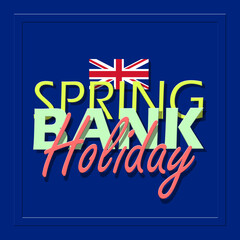 Spring Bank Holiday event banner. Bold text with British flag in frame on dark blue background to celebrate on May