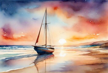 Serene watercolor painting captures a small sailboat anchored on a sandy beach, with calm waves and a cloudy sky creating a peaceful atmosphere, Generative AI.