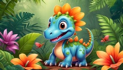 Naklejka premium Dinosaurs in the Triassic period age in the green grass land and blue sky background, Habitat of dinosaur, history of world.