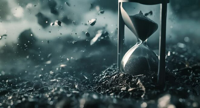 time running out, with an hourglass filled with dark, polluted sand marking the urgency of action,
