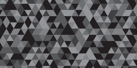 Abstract geometric black and gray background seamless mosaic and low polygon triangle texture wallpaper. Triangle shape retro wall grid pattern geometric ornament tile vector square element.