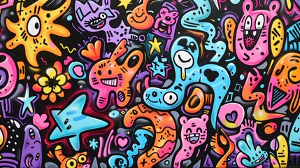 Vibrant graffiti wall with cartoon characters