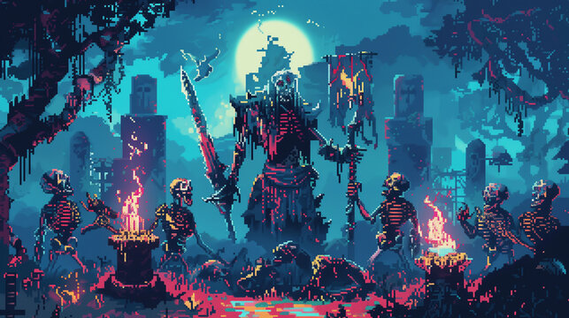 A mysterious necromancer raising an army of undead minions with dark and forbidden magic, pixelart