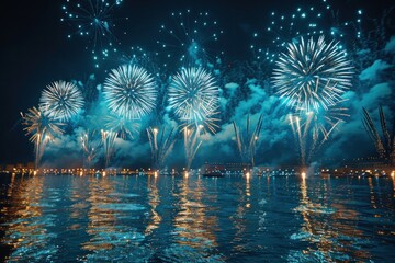 Spectacular fireworks over an ocean water with the cityscape in the background. Bright fireworks contrasting beautifully against the dark night sky and serene ocean.