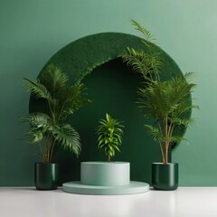 Obraz premium Abstract green background with round podium and tropical leaves. AI generated