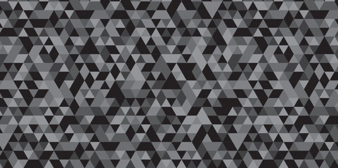 Abstract geometric black and gray background seamless mosaic and low polygon triangle texture wallpaper. Triangle shape retro wall grid pattern geometric ornament tile vector square element.